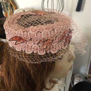 Vintage Pink Lace Pillbox Hat w Netted Veil